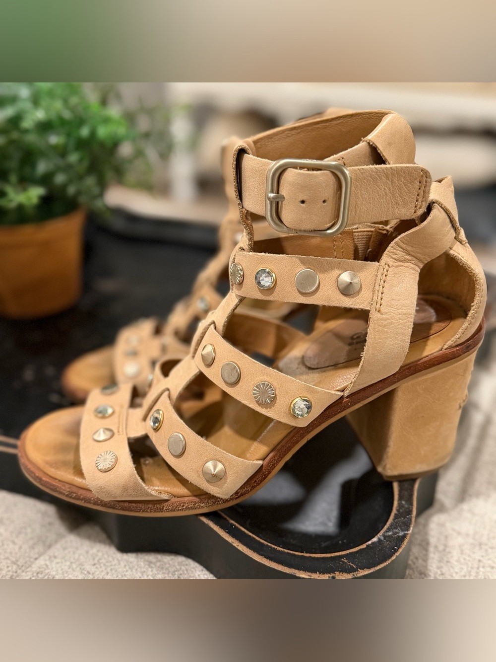 UGG Tan Studded Strappy Block Heel Sandals